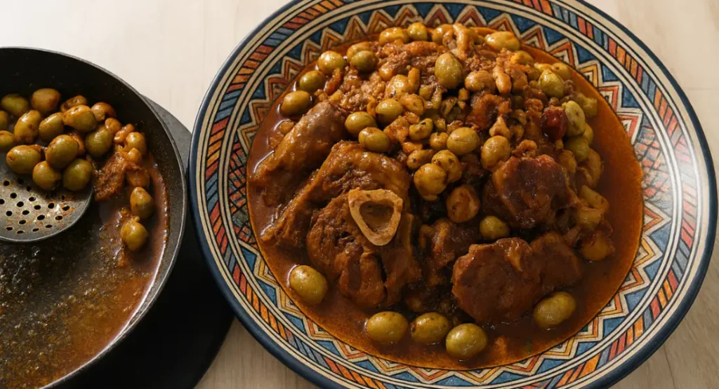 Moroccan beef tagine. A wooden spoon stirs green olives in a black pan with spices.