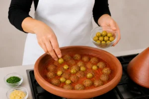 Fish balls in tomato sauce with olives being added to a clay tagine for moroccan fish balls tagine