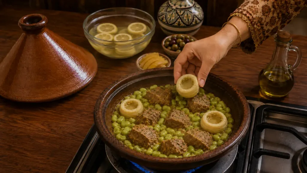 Beef Tagine Recipe with trimmed artichoke bottoms arranged over fresh fava beans and partially cooked beef