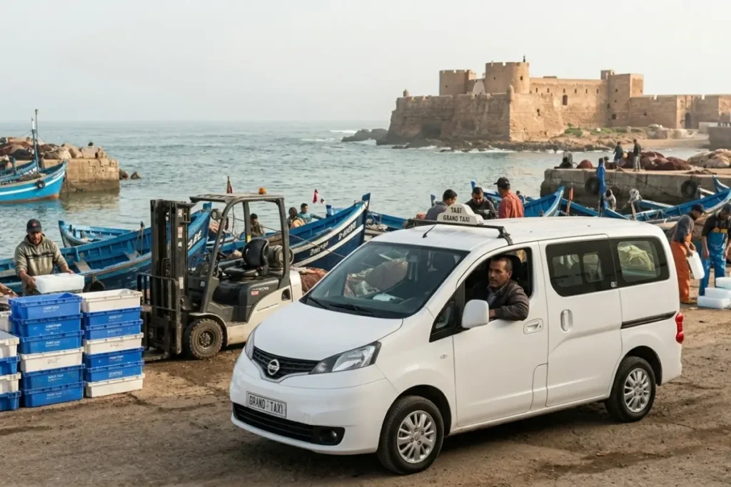 Taxi arriving at Safi fishing port near the sea fortress before a moroccan fish balls tagine meal