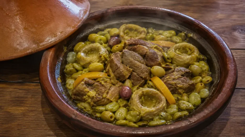 Beef Tagine Recipe with tender beef, fresh fava beans, trimmed artichoke bottoms, olives, and preserved lemon
