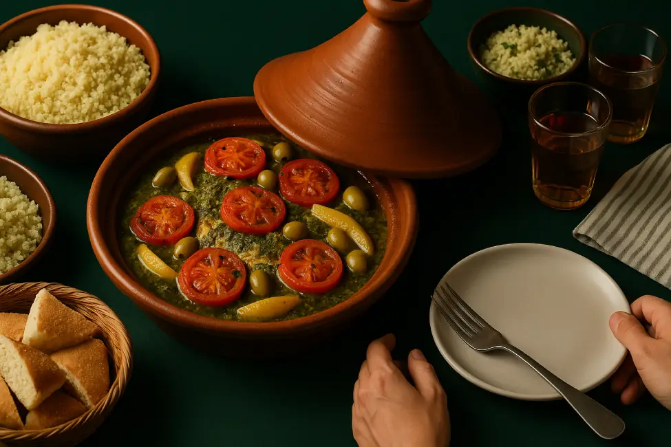 Chermoula fish fillets cooked in a Moroccan tagine with olives, lemon slices, and herbs on a green background.