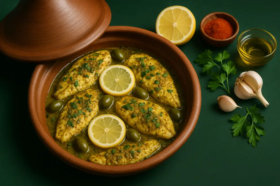 Chermoula fish fillets cooked in a Moroccan tagine with olives, lemon slices, and herbs on a green background.