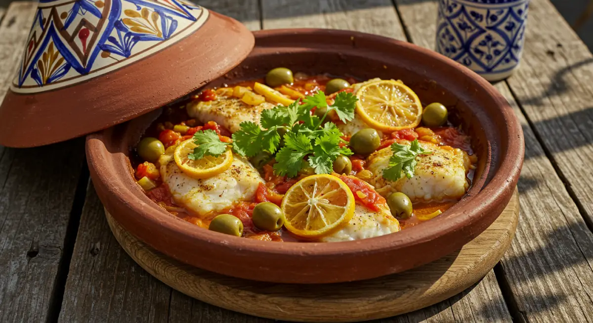 Moroccan Fish Tagine served in a clay pot with olives, preserved lemons, and herbs on a rustic table