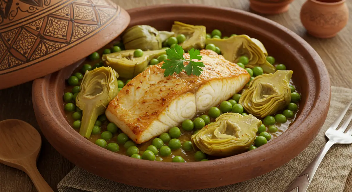 A realistic close-up of a traditional Moroccan fish tagine with vibrant fish, vegetables, and spices, served in a clay pot.