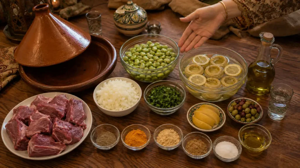 Beef Tagine Recipe ingredients with raw beef, fresh fava beans, trimmed artichoke bottoms in lemon water, olives, preserved lemon, spices, and olive oil