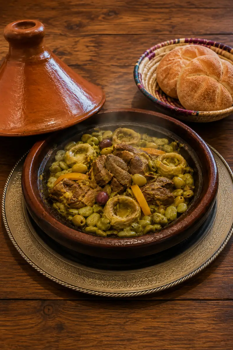 Beef Tagine Recipe with artichokes and fava beans served on a Moroccan tray with khobz bread basket