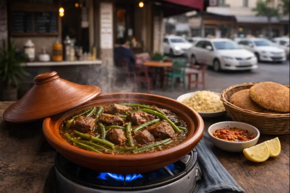 Close-up of a Moroccan beef and green beans tagine cooking on a gas stove at a city café, served with bread and couscous, white taxis in the background.