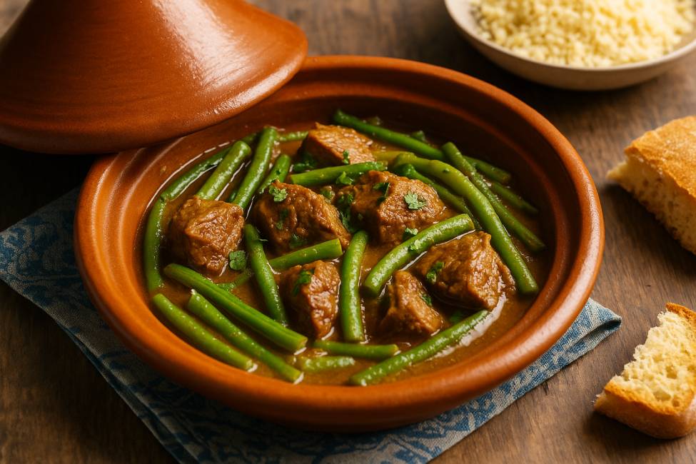 A Moroccan tagine dish with tender beef and green beans, served in a traditional clay pot with herbs and rich sauce
