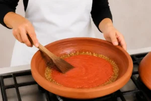 Tomato sauce being stirred in a clay tagine after browning the fish balls for moroccan fish balls tagine