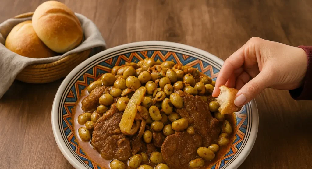Traditional Moroccan beef tagine served with green olives and preserved lemon, ready to enjoy with warm bread.