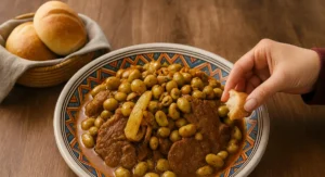 Traditional Moroccan beef tagine served with green olives and preserved lemon, ready to enjoy with warm bread.