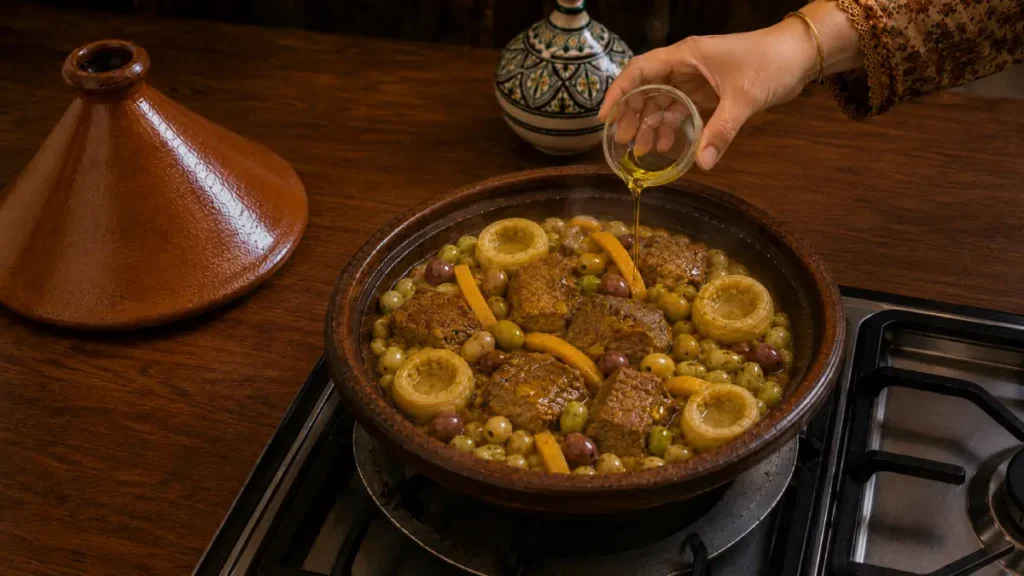 Beef Tagine Recipe finished with olive oil over tender beef, fava beans, artichoke bottoms, olives, and preserved lemon