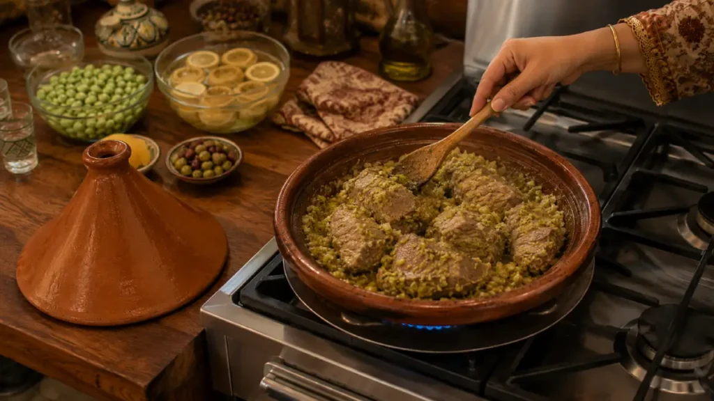 Beef Tagine Recipe with beef gently browning in onion, garlic, parsley, Moroccan spices, and olive oil over low heat