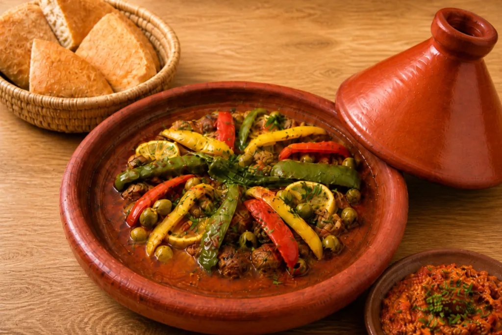 Moroccan fish balls tagine served with bread and a side salad on a wooden table