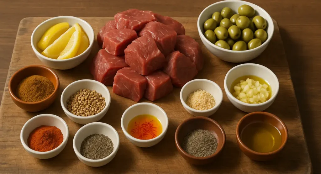 Raw beef cubes, preserved lemons, green olives, and spices arranged in small bowls for a Moroccan beef tagine.
