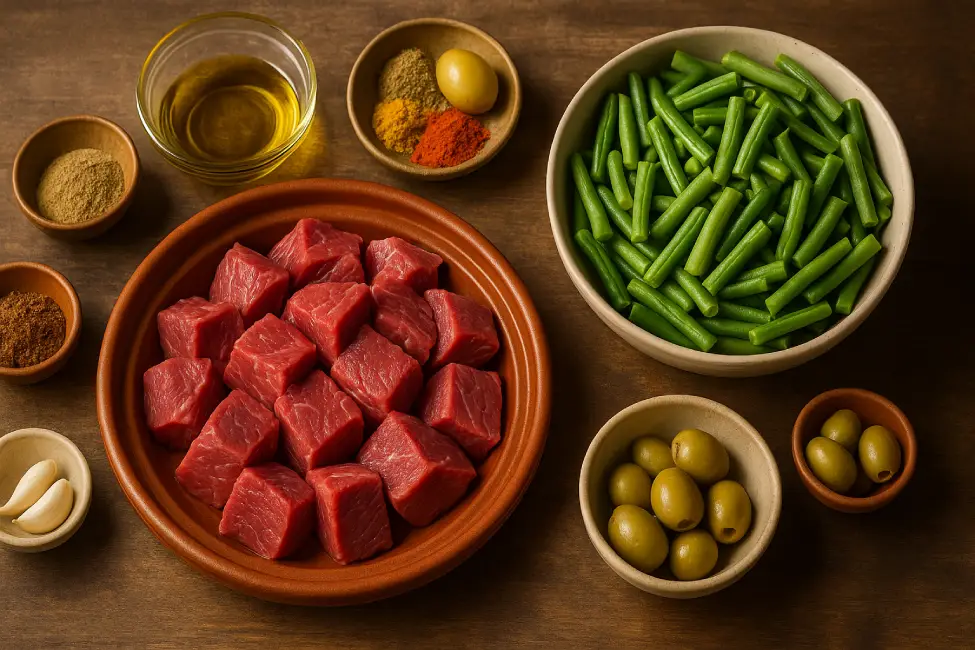 Ingredients laid out for a Moroccan beef and green beans tagine, including raw beef cubes, fresh green beans, spices, olive oil, preserved lemon, and olives