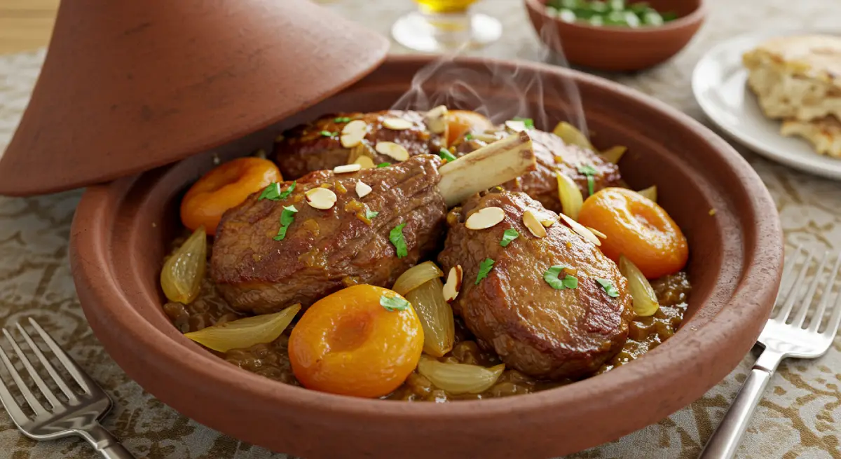 A traditional Moroccan lamb tagine served with caramelized onions, apricots, toasted almonds, and a cilantro garnish.