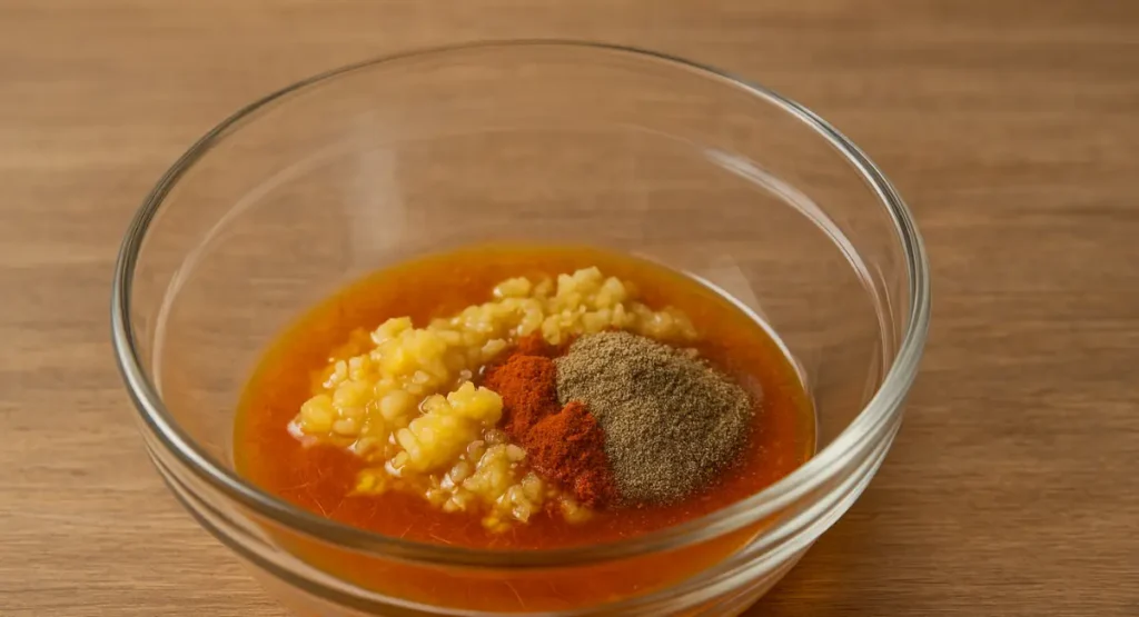 Transparent bowl showing spices, saffron water, garlic, and preserved lemon pulp prepared for Moroccan beef tagine marinade.
