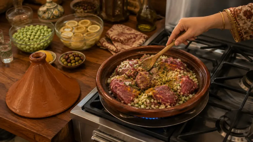 Beef Tagine Recipe with raw beef, onion, garlic, parsley, spices, and olive oil mixed over low heat in a clay tagine