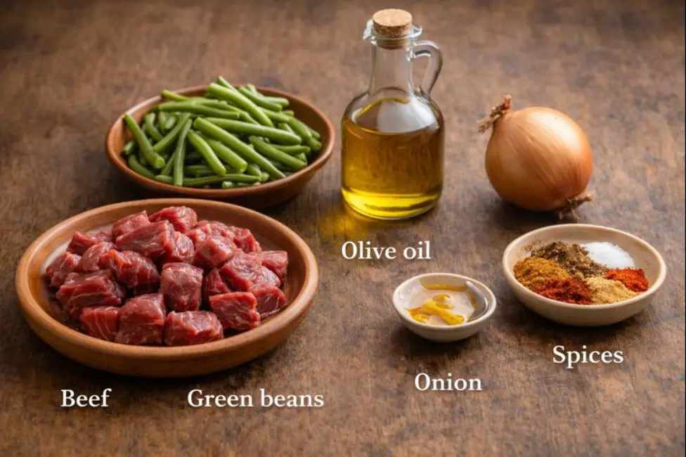 Traditional Moroccan beef and green beans stew in a tagine surrounded by cooking ingredients and rustic tools.