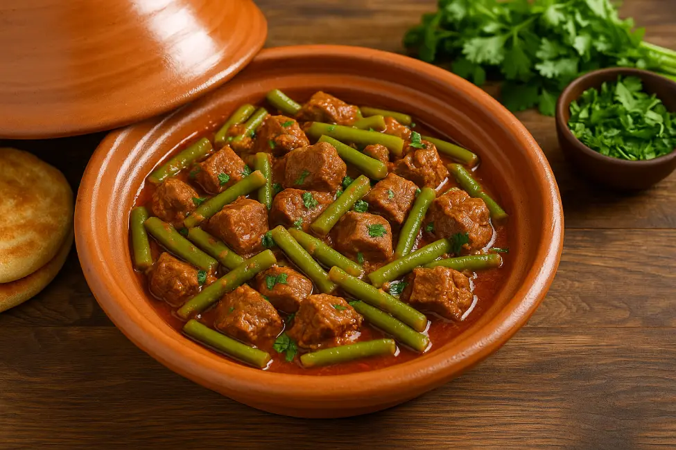 A vibrant Moroccan-style beef and green beans tagine served in a clay pot on a cozy dinner table, with steam rising and fresh herbs on top