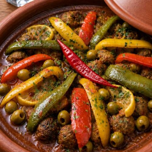 Moroccan fish balls tagine served in a traditional clay pot with tomato sauce, olives, peppers, and lemon slices
