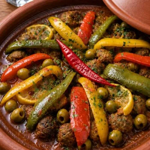 Moroccan fish balls tagine served in a traditional clay pot with tomato sauce, olives, peppers, and lemon slices