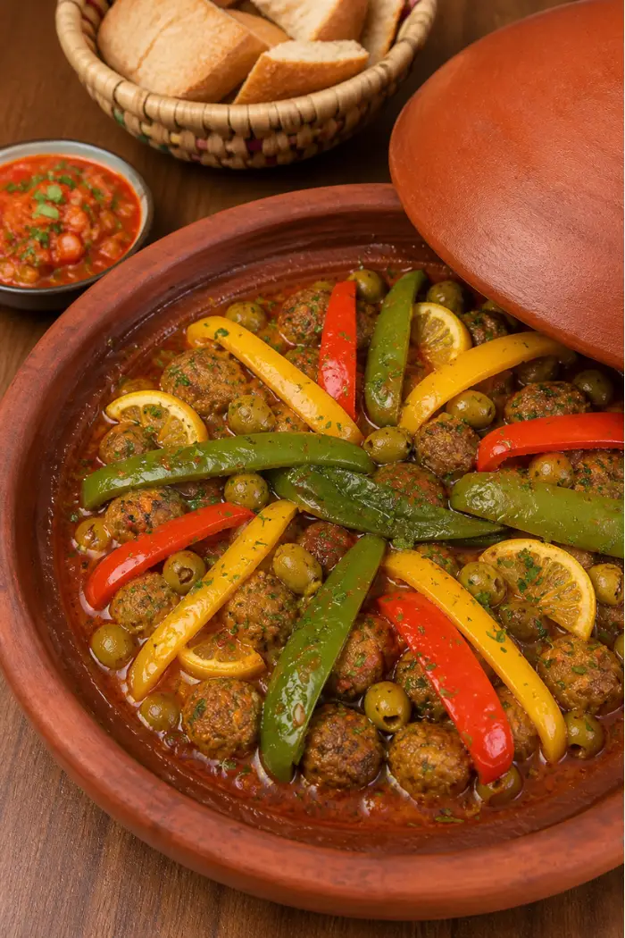 Moroccan fish balls tagine served in a traditional clay pot with tomato sauce, olives, peppers, and lemon slices