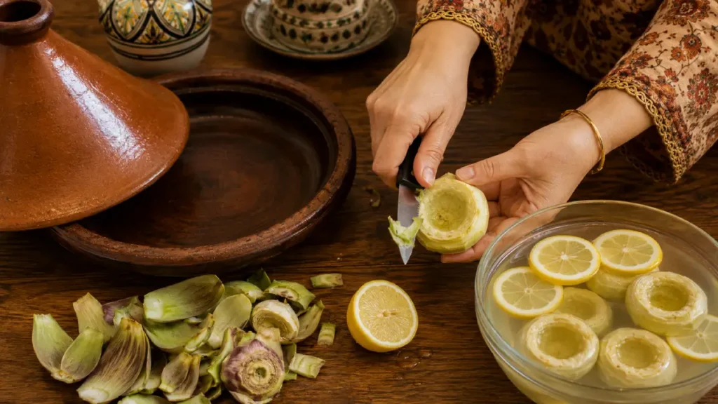 Woman trimming artichoke bottoms for a Beef Tagine Recipe beside a bowl of lemon water
