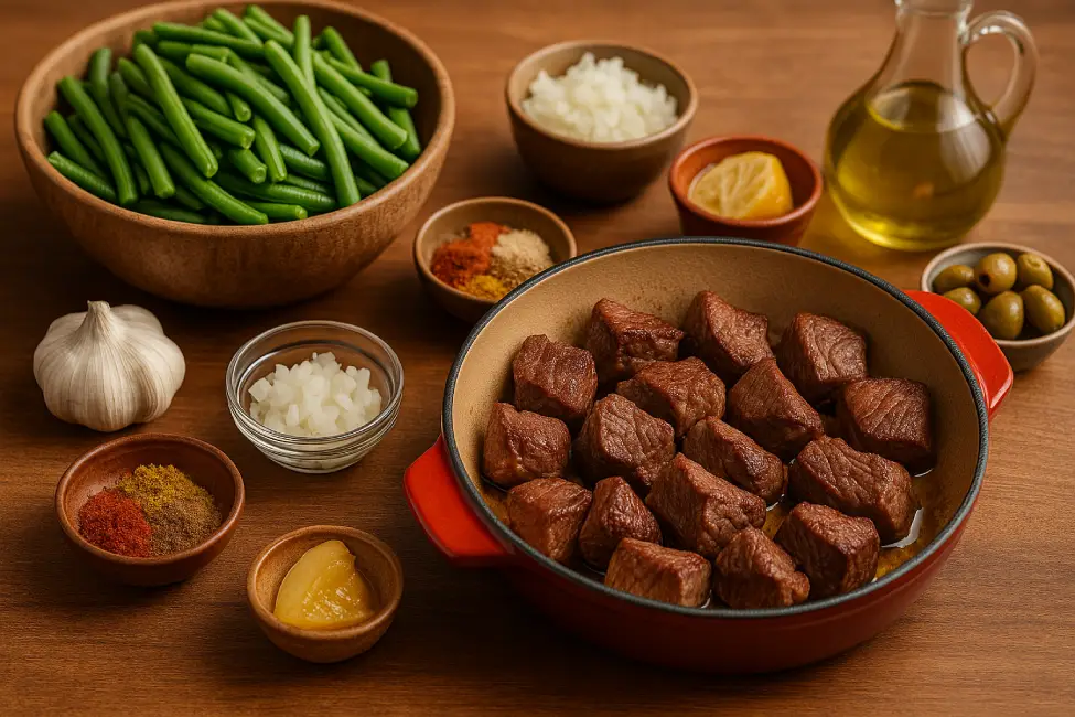 Preparation steps for Moroccan beef and green beans tagine, including trimmed beef cubes, chopped onions and garlic, fresh green beans, and spices ready for cooking