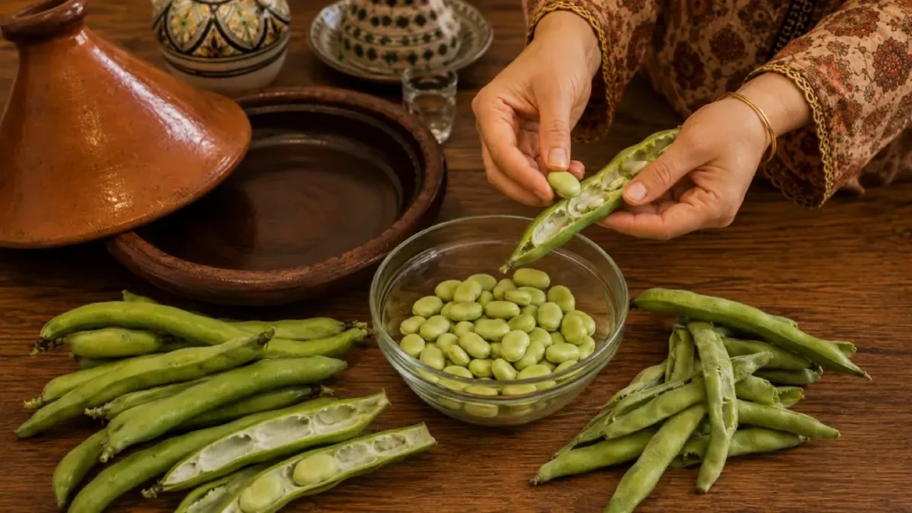Woman shelling fresh fava beans for a Beef Tagine Recipe beside a traditional Moroccan tagine