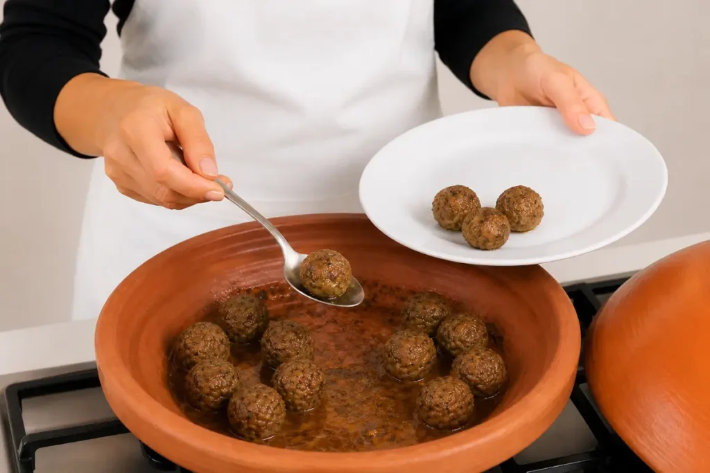 Lightly browned fish balls being removed from a clay tagine before making the sauce for moroccan fish balls tagine