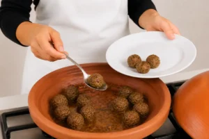 Lightly browned fish balls being removed from a clay tagine before making the sauce for moroccan fish balls tagine