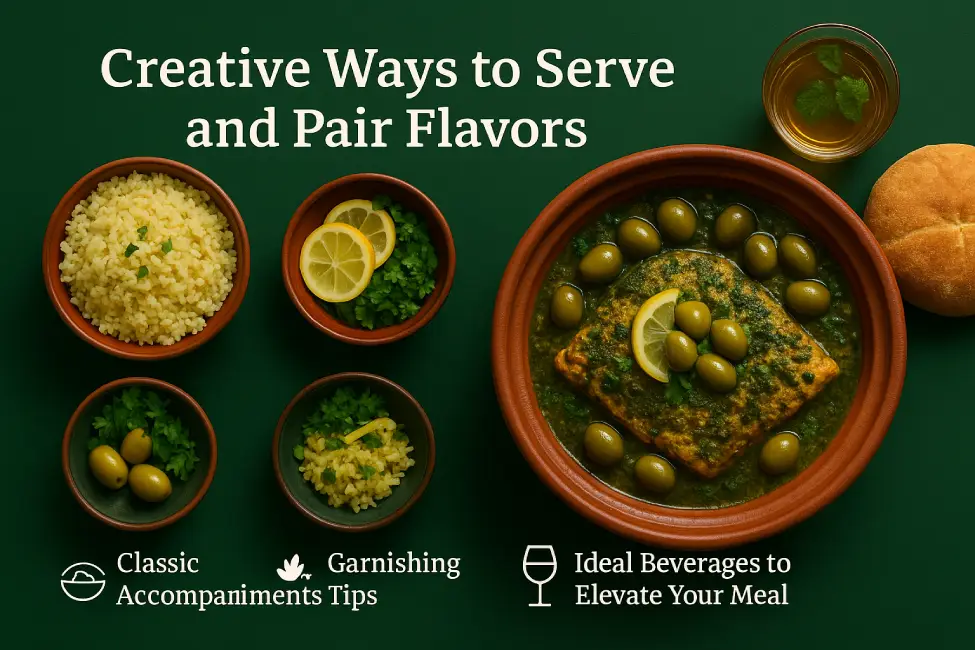 Top-down view of Chermoula fish tagine served with couscous, olives, parsley, lemon slices, Moroccan bread, and mint tea, arranged beautifully on a dark green background.