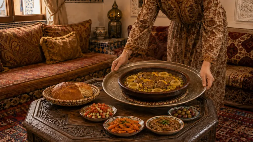 Beef Tagine Recipe carried on a Moroccan tray toward a carved table with bread and traditional salads