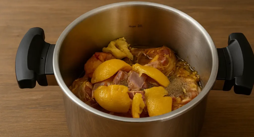 Beef chunks marinated with preserved lemons and spices in a stainless steel pot, ready to cook Moroccan beef tagine.