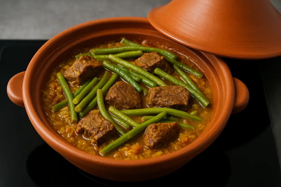 A Moroccan beef and green beans tagine simmering in a traditional clay pot with visible steam, layered ingredients, and a rich, spiced sauce