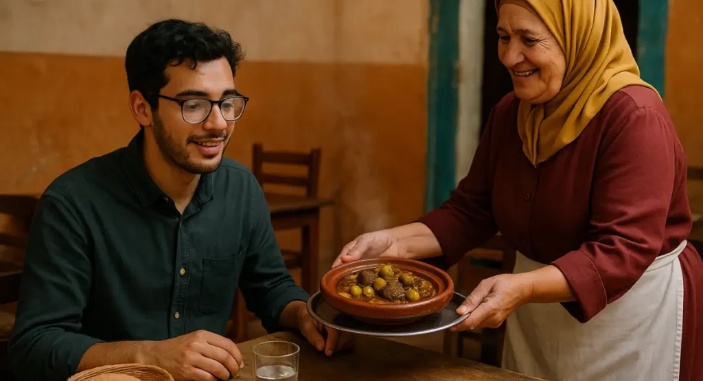 An older Moroccan woman serves a steaming Moroccan beef tagine to a young man seated at a rustic table in a cozy, traditional restaurant.
