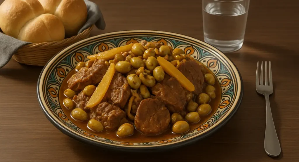 Moroccan beef tagine with olives and preserved lemon in a Moroccan dish on a wooden table.