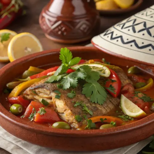 A traditional Moroccan Chermoula Fish Tagine served in an earthenware tagine dish, garnished with fresh parsley, lemon wedges, green olives, and vibrant vegetables like red and yellow bell peppers. The dish is surrounded by Moroccan spices, fresh lemons, and a partially covered tagine lid in the background.