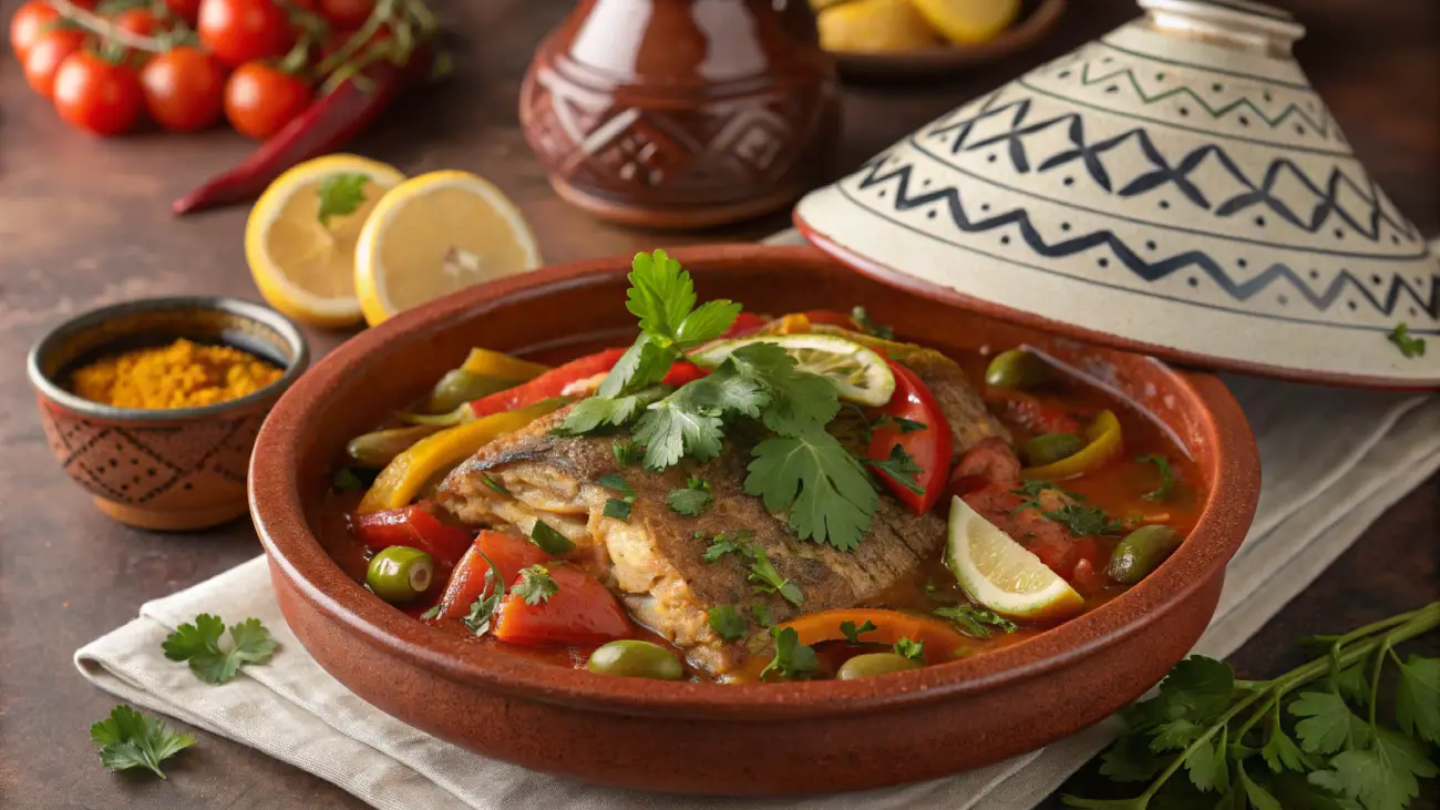 A traditional Moroccan Chermoula Fish Tagine served in an earthenware tagine dish, garnished with fresh parsley, lemon wedges, green olives, and vibrant vegetables like red and yellow bell peppers. The dish is surrounded by Moroccan spices, fresh lemons, and a partially covered tagine lid in the background.