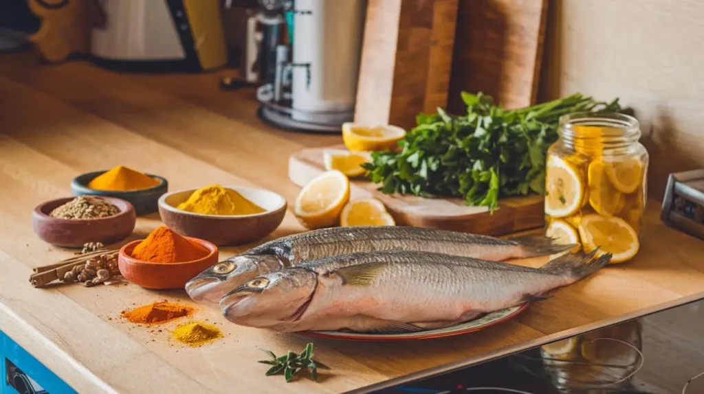 fish balls. Fresh whole fish on a plate surrounded by essential Moroccan ingredients, including vibrant spices (turmeric, paprika, cumin), preserved lemons in a jar, fresh parsley, and lemon slices, displayed on a wooden kitchen counter.