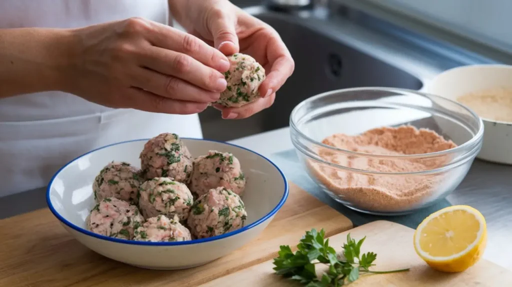 Fish balls. Hands shaping fish balls from a mixture of ground fish, fresh herbs, and spices, with a bowl of prepared fish balls, breadcrumbs, parsley, and a lemon on a cutting board in the foreground.