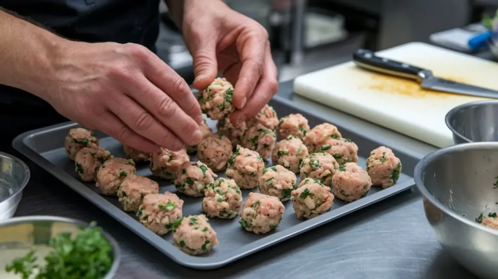 Fish balls. Hands arranging freshly shaped fish balls made with herbs and spices onto a baking tray, with bowls of ingredients and a cutting board in the background.