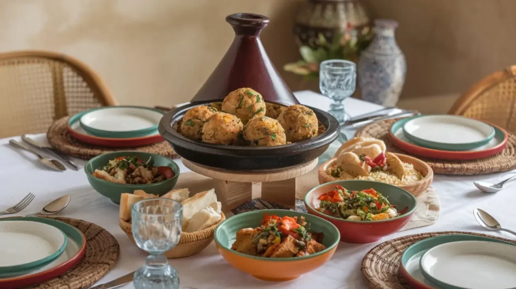 fish balls. A beautifully set dining table featuring a traditional Moroccan tagine filled with fish balls, accompanied by bowls of couscous, bread, and colorful vegetable dishes, with vibrant tableware and decorative accents.