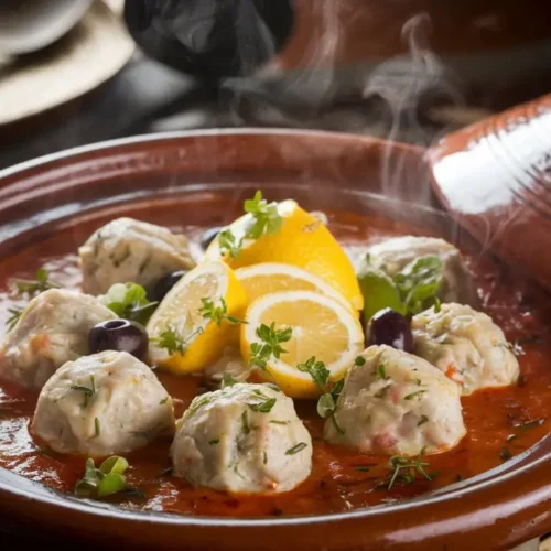 fish balls. A steaming Moroccan fish balls tagine served in a traditional clay pot, with fish balls in a rich tomato-based sauce, garnished with fresh herbs, lemon slices, and olives.