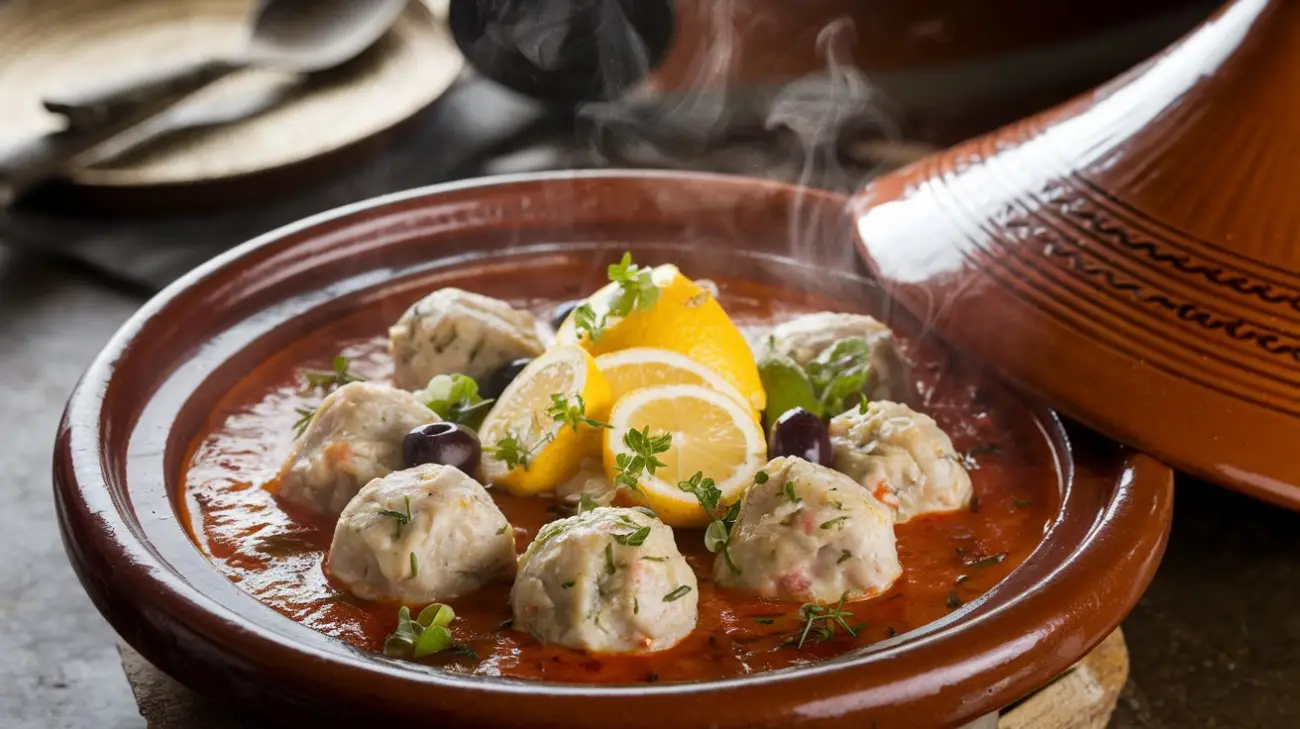 fish balls. A steaming Moroccan fish balls tagine served in a traditional clay pot, with fish balls in a rich tomato-based sauce, garnished with fresh herbs, lemon slices, and olives.