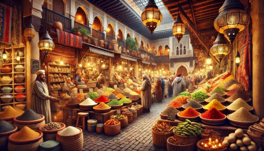 A bustling Moroccan spice market featuring vibrant mounds of colorful spices, fresh produce, and local goods, illuminated by warm, ornate lanterns. Shoppers and vendors in traditional attire interact within the intricately designed marketplace.