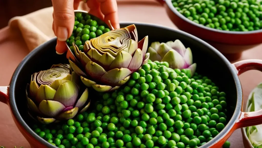 A close-up of a cooking pot filled with vibrant green peas and fresh artichoke halves, with a hand gently placing an artichoke into the pot.